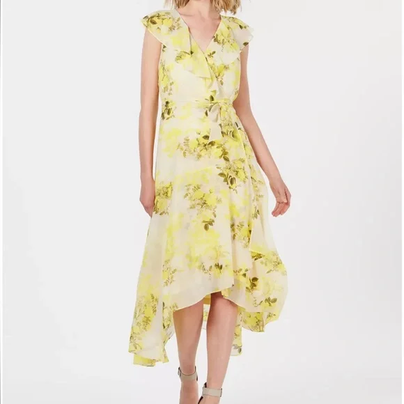 Calvin Klein Floral Midi Wrap Dress, Yellow Calvin Klein Floral Midi Wrap Dress, Yellow